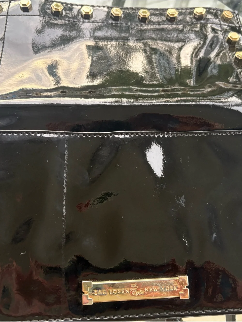 Zac Posen Black Patent Clutch with Gold Studs